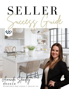 Cover of a seller success guide featuring Amanda Standley standing in a modern kitchen with white countertops and walls. Contact information and attributions appear in the bottom left corner.
