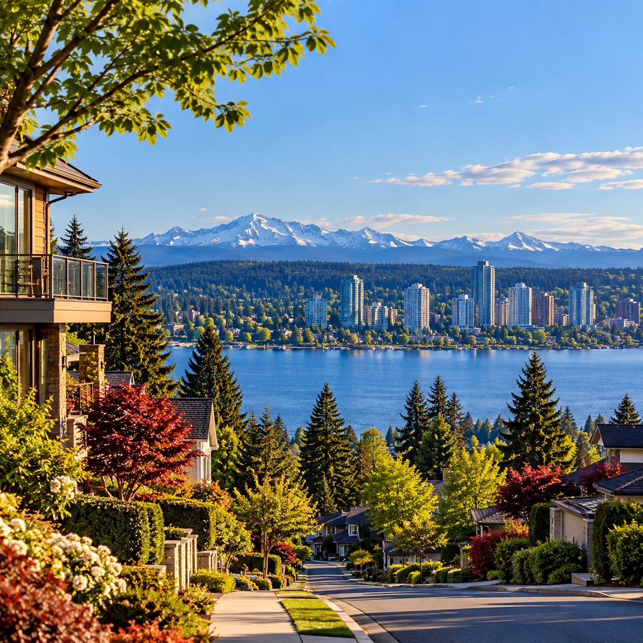 Suburban Street Overlooking Lake and Mountains