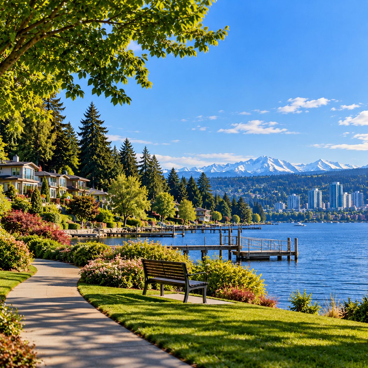 Sunlit Lakeside Park and Mountain Skyline