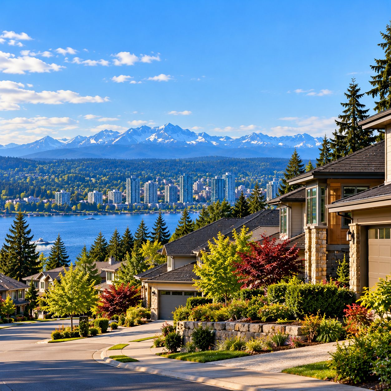 Sunlit Neighborhood Overlooking Lake and Mountains